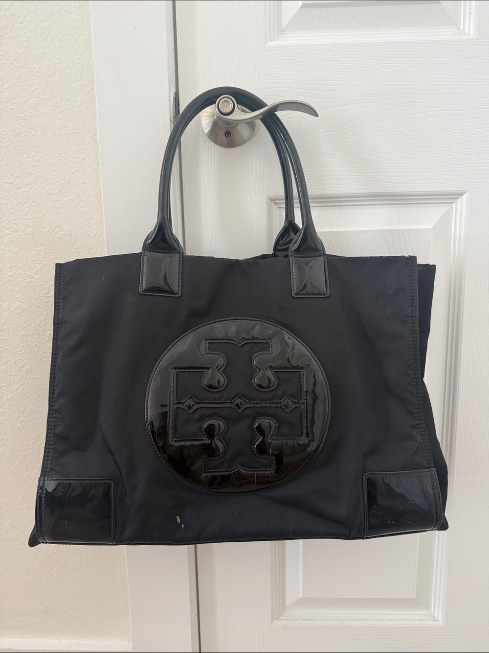 Tory Burch Black Nylon Tote with Patent Logo